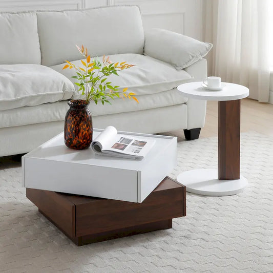 Table basse moderne à plateau coulissant avec rangement – Blanc et noyer | Montage à 1 ou 2 personnes