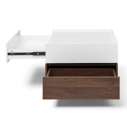 Table basse moderne à plateau coulissant avec rangement – Blanc et noyer | Montage à 1 ou 2 personnes