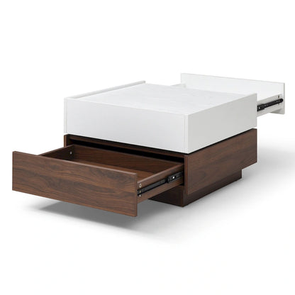 Table basse moderne à plateau coulissant avec rangement – Blanc et noyer | Montage à 1 ou 2 personnes