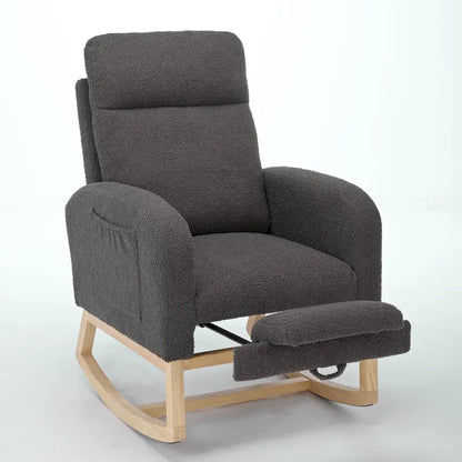 Fauteuil à bascule rembourré moderne de 75 cm de hauteur avec dossier haut, pieds en bois massif et repose-pieds réglable