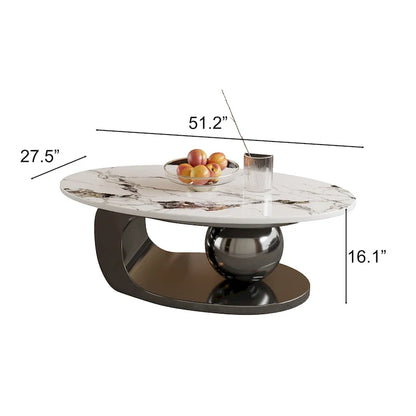 Table basse ovale moderne Pandora 51 avec plateau en pierre frittée brillante, table basse de luxe, pieds en acier inoxydable pour salon