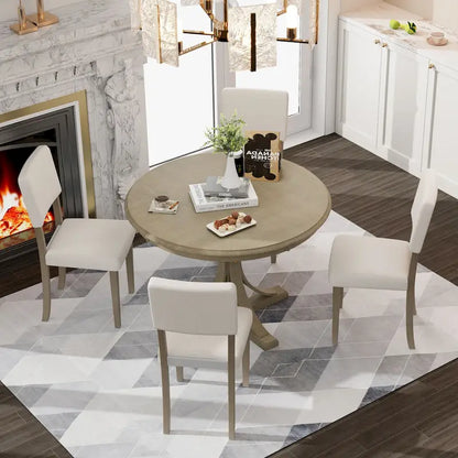 Ensemble de salle à manger 5 pièces en bois taupe rétro avec table à tréteaux courbés et 4 chaises