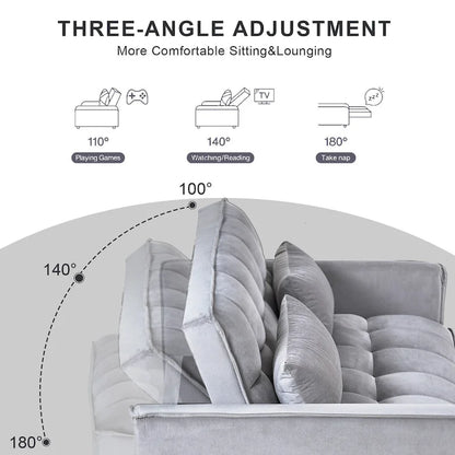 Causeuse futon moderne en velours avec dossier inclinable et poches, 2 places — Gris foncé / Gris clair / Bleu / Noir