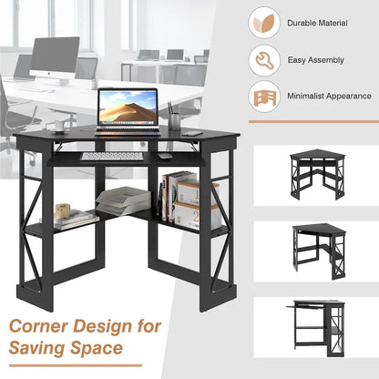 Bureau d'Angle Petit Bureau avec Prises, Table d'Angle pour Petit Espace, Bureau d'Ordinateur avec Ports USB, Bureau Triangle avec Rangement