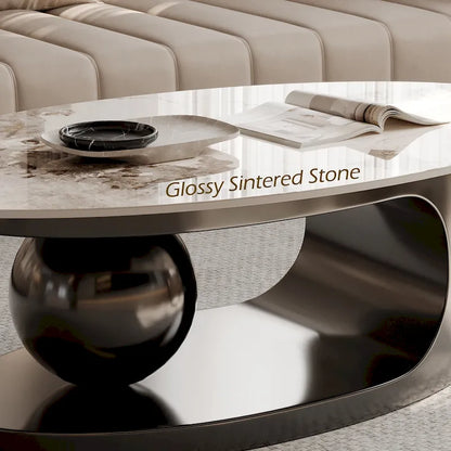 Table basse ovale moderne Pandora 51 avec plateau en pierre frittée brillante, table basse de luxe, pieds en acier inoxydable pour salon