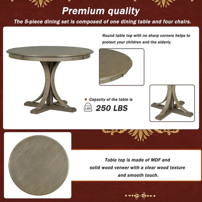 Ensemble de salle à manger 5 pièces en bois taupe rétro avec table à tréteaux courbés et 4 chaises