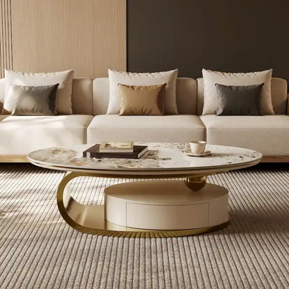Table basse ovale moderne Pandora 51 avec plateau en pierre frittée brillante, table basse de luxe, pieds en acier inoxydable pour salon