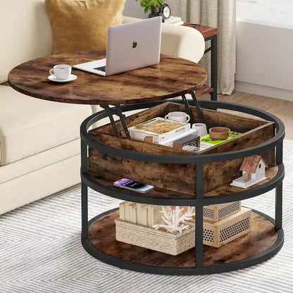 Table basse ronde relevable Moasis Farmhouse avec rangement dissimulé et étagère