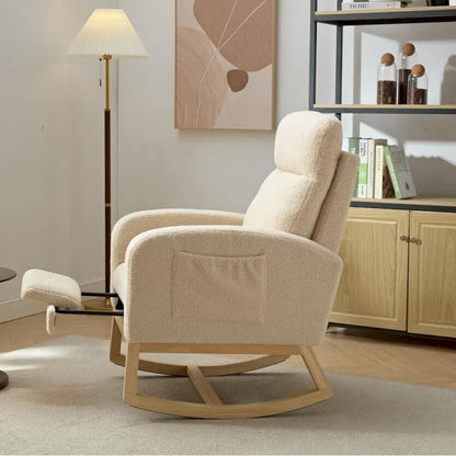 Fauteuil à bascule rembourré moderne de 75 cm de hauteur avec dossier haut, pieds en bois massif et repose-pieds réglable