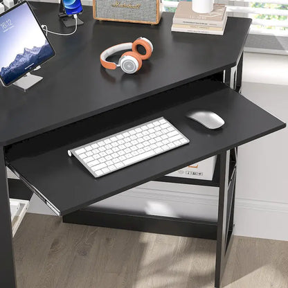 Bureau d'Angle Petit Bureau avec Prises, Table d'Angle pour Petit Espace, Bureau d'Ordinateur avec Ports USB, Bureau Triangle avec Rangement
