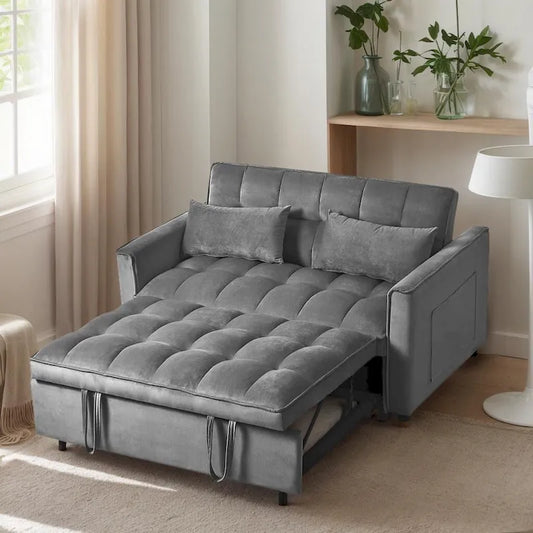 Causeuse futon moderne en velours avec dossier inclinable et poches, 2 places — Gris foncé / Gris clair / Bleu / Noir