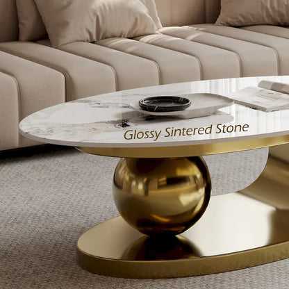 Table basse ovale moderne Pandora 51 avec plateau en pierre frittée brillante, table basse de luxe, pieds en acier inoxydable pour salon