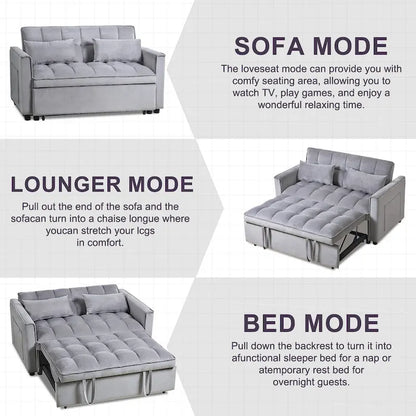 Causeuse futon moderne en velours avec dossier inclinable et poches, 2 places — Gris foncé / Gris clair / Bleu / Noir