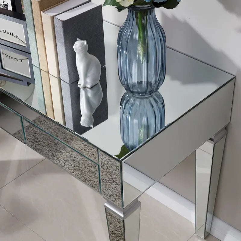 Bureau miroir avec 3 tiroirs – Argenté, 1 place assise