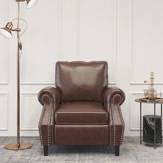 Fauteuil Club en Similicuir avec Clous Décoratifs – Marron Cognac / Marron Foncé / Noir Nuit, Siège Simple, Pieds en Bois de Bouleau
