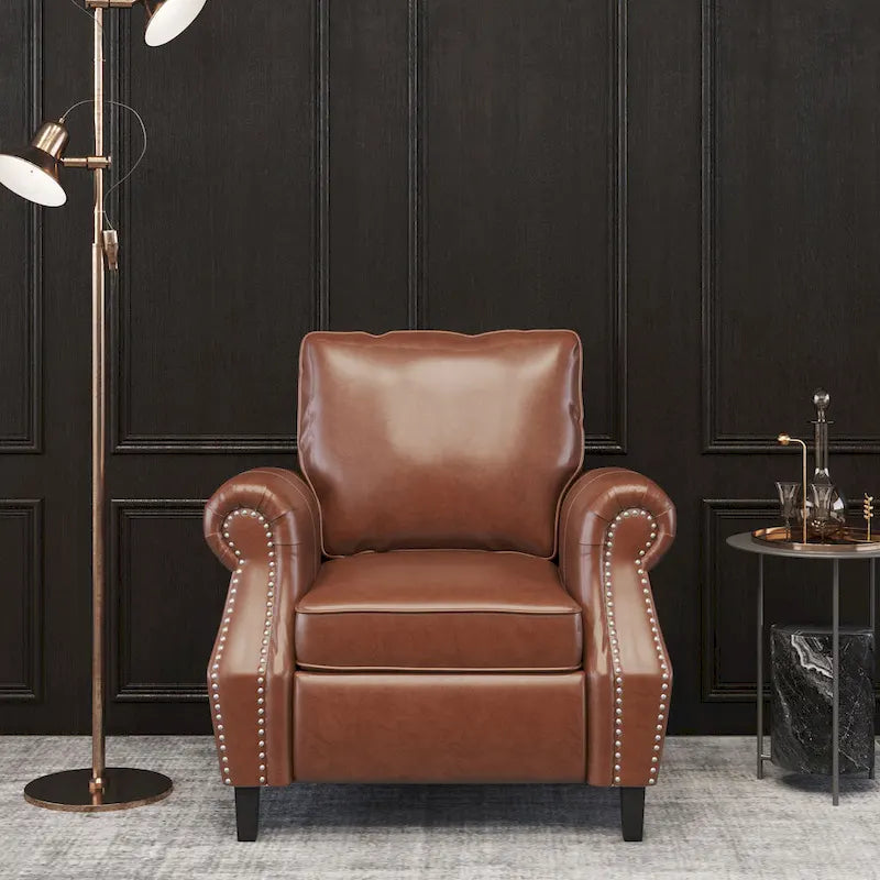 Fauteuil Club en Similicuir avec Clous Décoratifs – Marron Cognac / Marron Foncé / Noir Nuit, Siège Simple, Pieds en Bois de Bouleau