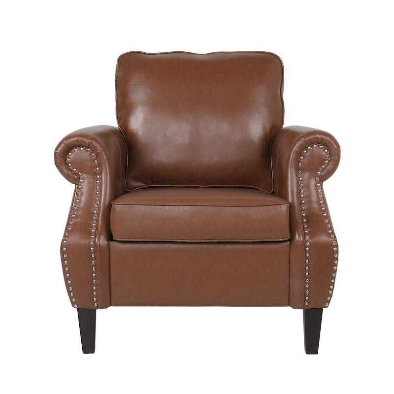 Fauteuil Club en Similicuir avec Clous Décoratifs – Marron Cognac / Marron Foncé / Noir Nuit, Siège Simple, Pieds en Bois de Bouleau