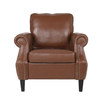 Fauteuil Club en Similicuir avec Clous Décoratifs – Marron Cognac / Marron Foncé / Noir Nuit, Siège Simple, Pieds en Bois de Bouleau