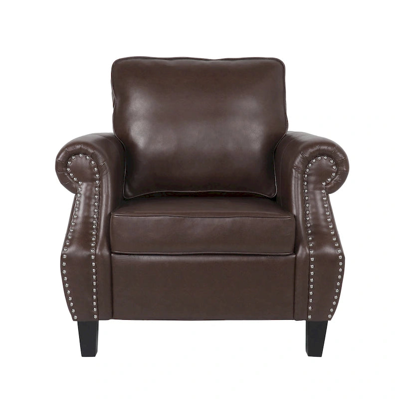 Fauteuil Club en Similicuir avec Clous Décoratifs – Marron Cognac / Marron Foncé / Noir Nuit, Siège Simple, Pieds en Bois de Bouleau