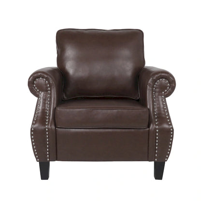Fauteuil Club en Similicuir avec Clous Décoratifs – Marron Cognac / Marron Foncé / Noir Nuit, Siège Simple, Pieds en Bois de Bouleau