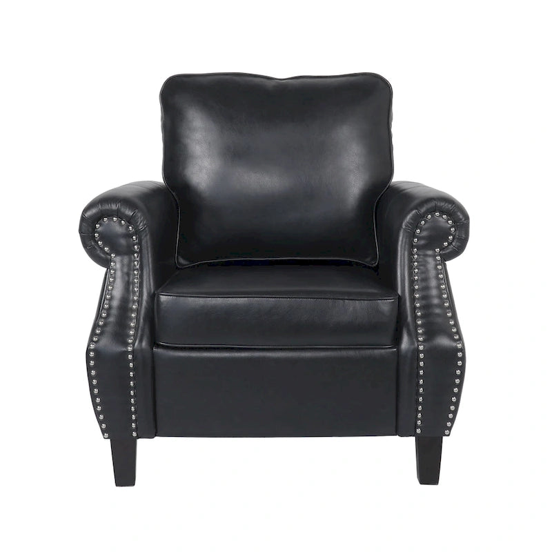 Fauteuil Club en Similicuir avec Clous Décoratifs – Marron Cognac / Marron Foncé / Noir Nuit, Siège Simple, Pieds en Bois de Bouleau