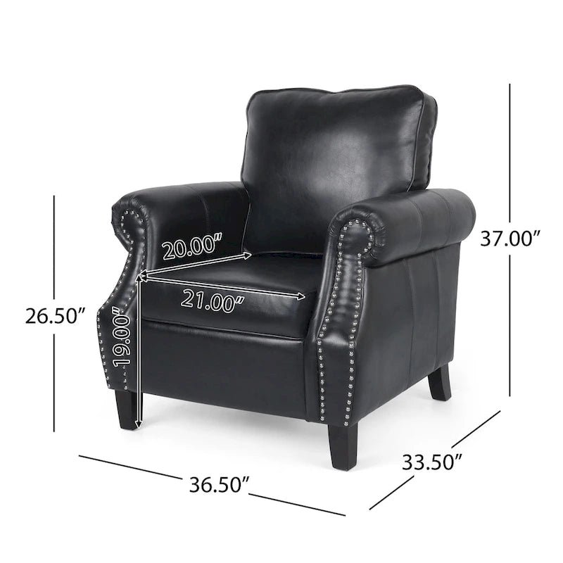 Fauteuil Club en Similicuir avec Clous Décoratifs – Marron Cognac / Marron Foncé / Noir Nuit, Siège Simple, Pieds en Bois de Bouleau