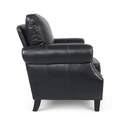 Fauteuil Club en Similicuir avec Clous Décoratifs – Marron Cognac / Marron Foncé / Noir Nuit, Siège Simple, Pieds en Bois de Bouleau