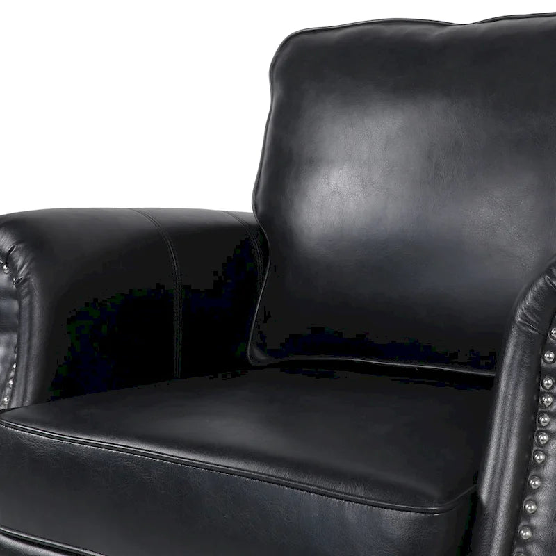 Fauteuil Club en Similicuir avec Clous Décoratifs – Marron Cognac / Marron Foncé / Noir Nuit, Siège Simple, Pieds en Bois de Bouleau
