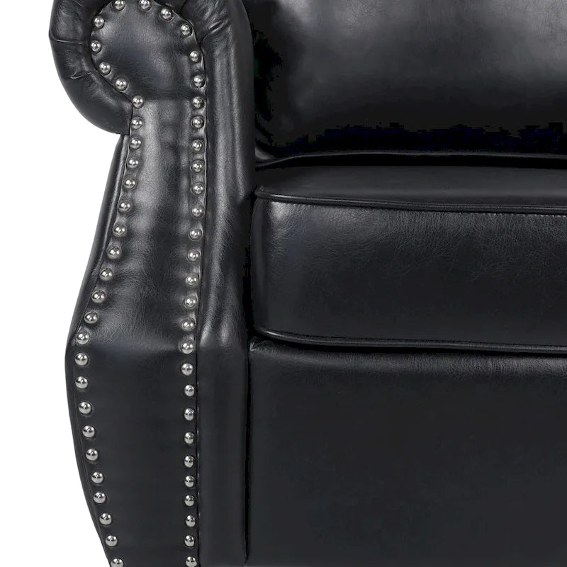 Fauteuil Club en Similicuir avec Clous Décoratifs – Marron Cognac / Marron Foncé / Noir Nuit, Siège Simple, Pieds en Bois de Bouleau