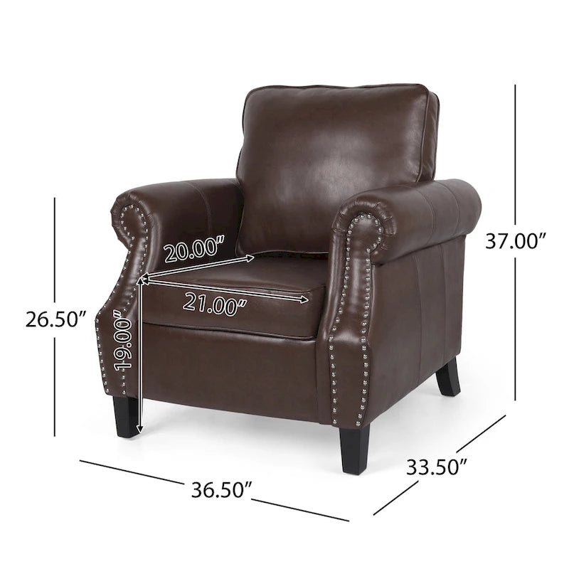 Fauteuil Club en Similicuir avec Clous Décoratifs – Marron Cognac / Marron Foncé / Noir Nuit, Siège Simple, Pieds en Bois de Bouleau