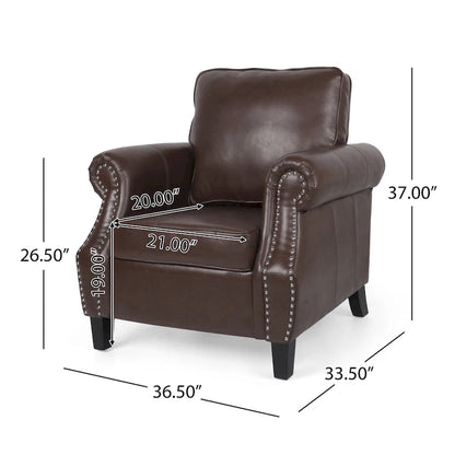 Fauteuil Club en Similicuir avec Clous Décoratifs – Marron Cognac / Marron Foncé / Noir Nuit, Siège Simple, Pieds en Bois de Bouleau