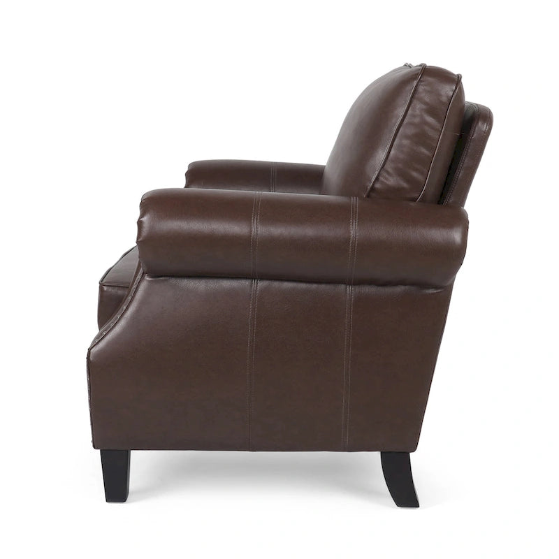 Fauteuil Club en Similicuir avec Clous Décoratifs – Marron Cognac / Marron Foncé / Noir Nuit, Siège Simple, Pieds en Bois de Bouleau