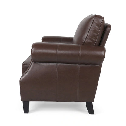 Fauteuil Club en Similicuir avec Clous Décoratifs – Marron Cognac / Marron Foncé / Noir Nuit, Siège Simple, Pieds en Bois de Bouleau