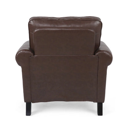 Fauteuil Club en Similicuir avec Clous Décoratifs – Marron Cognac / Marron Foncé / Noir Nuit, Siège Simple, Pieds en Bois de Bouleau