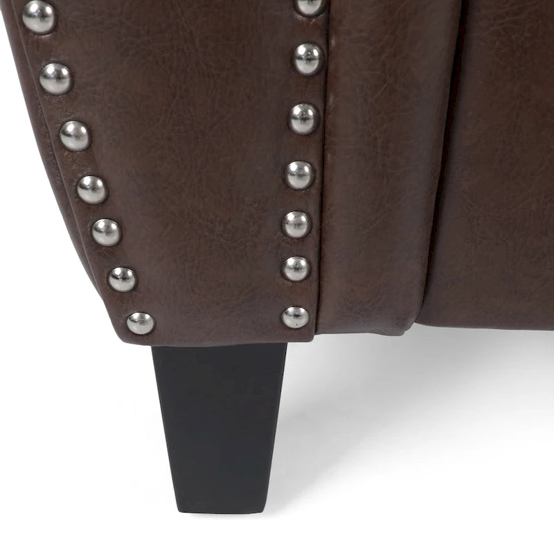 Fauteuil Club en Similicuir avec Clous Décoratifs – Marron Cognac / Marron Foncé / Noir Nuit, Siège Simple, Pieds en Bois de Bouleau