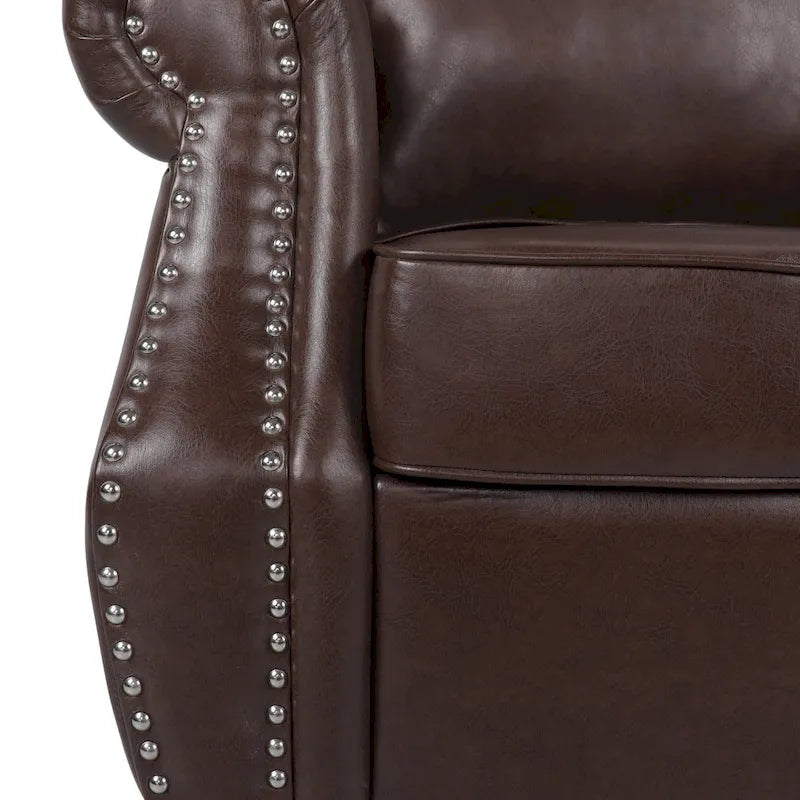 Fauteuil Club en Similicuir avec Clous Décoratifs – Marron Cognac / Marron Foncé / Noir Nuit, Siège Simple, Pieds en Bois de Bouleau