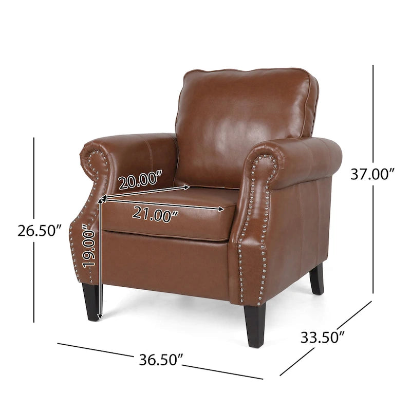 Fauteuil Club en Similicuir avec Clous Décoratifs – Marron Cognac / Marron Foncé / Noir Nuit, Siège Simple, Pieds en Bois de Bouleau