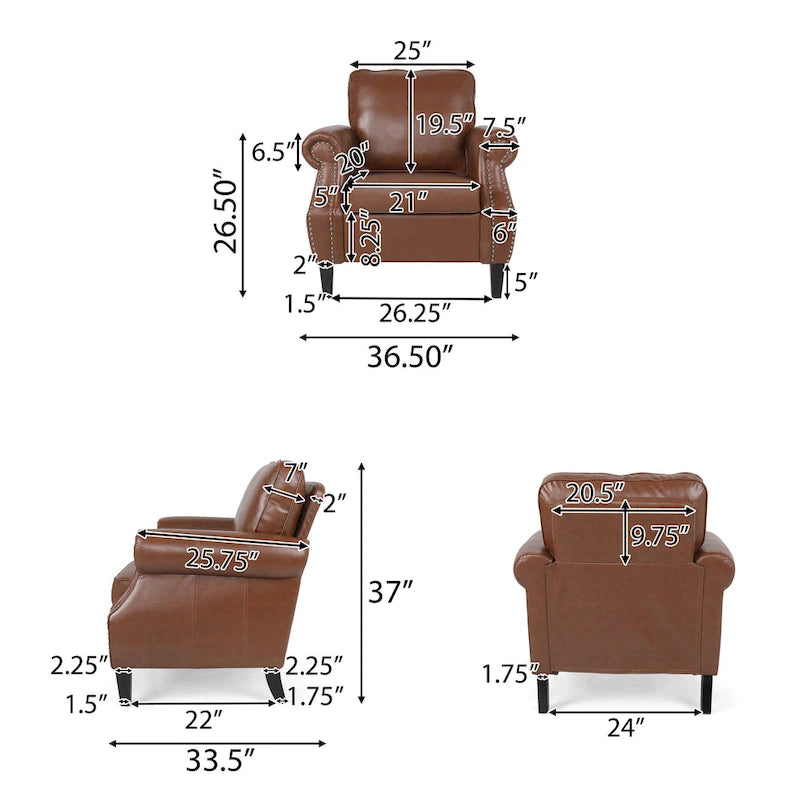Fauteuil Club en Similicuir avec Clous Décoratifs – Marron Cognac / Marron Foncé / Noir Nuit, Siège Simple, Pieds en Bois de Bouleau