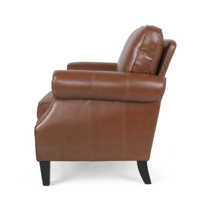 Fauteuil Club en Similicuir avec Clous Décoratifs – Marron Cognac / Marron Foncé / Noir Nuit, Siège Simple, Pieds en Bois de Bouleau
