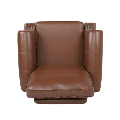 Fauteuil Club en Similicuir avec Clous Décoratifs – Marron Cognac / Marron Foncé / Noir Nuit, Siège Simple, Pieds en Bois de Bouleau