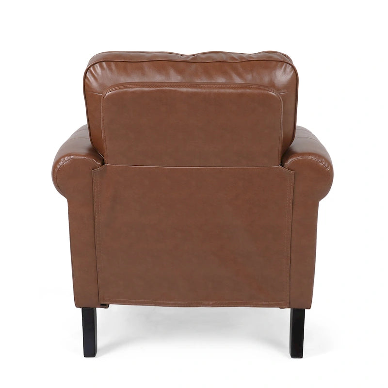 Fauteuil Club en Similicuir avec Clous Décoratifs – Marron Cognac / Marron Foncé / Noir Nuit, Siège Simple, Pieds en Bois de Bouleau