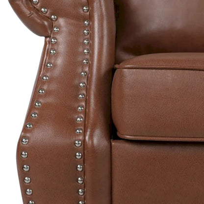 Fauteuil Club en Similicuir avec Clous Décoratifs – Marron Cognac / Marron Foncé / Noir Nuit, Siège Simple, Pieds en Bois de Bouleau