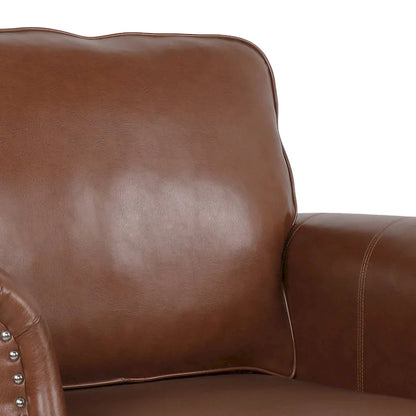 Fauteuil Club en Similicuir avec Clous Décoratifs – Marron Cognac / Marron Foncé / Noir Nuit, Siège Simple, Pieds en Bois de Bouleau