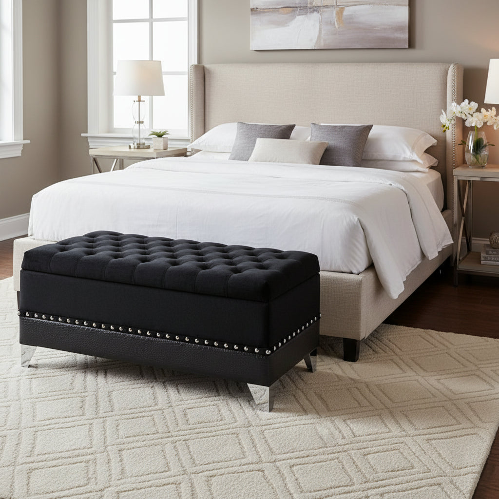 Leatherette Storage Bench with Nailhead Trims and Button Tufted Seat, Black