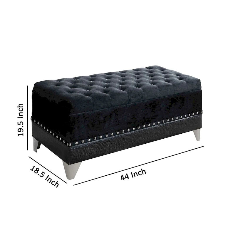 Banc de rangement avec siège capitonné et clous décoratifs – Noir, 2 places