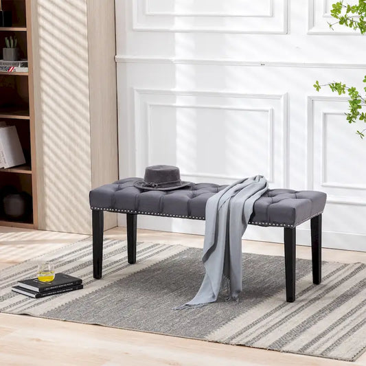 Banc capitonné en velours – Plusieurs coloris, pieds en bois, 2 places