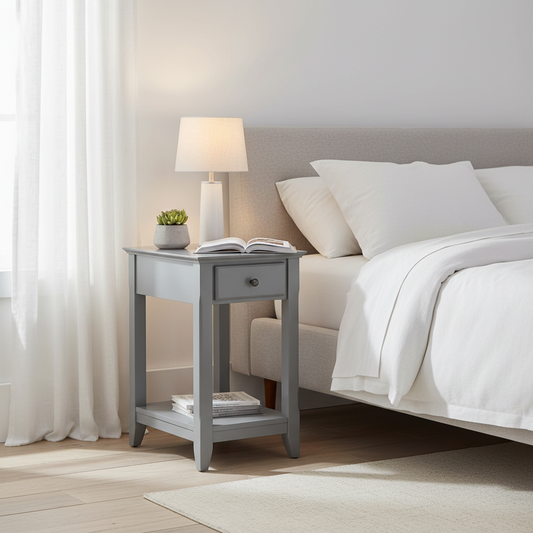 Table d'appoint étroite en bois avec tiroir et étagère ouverte – Vert / Blanc / Marron / Gris, utilisation 1 personne