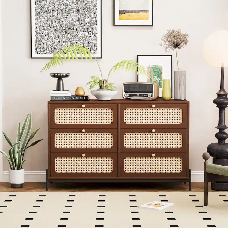 Commode 6 tiroirs en rotin – Noir/Noyer, Style bohème moderne, Assemblage à 2 personnes
