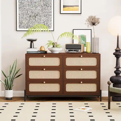 Commode 6 tiroirs en rotin – Noir/Noyer, Style bohème moderne, Assemblage à 2 personnes