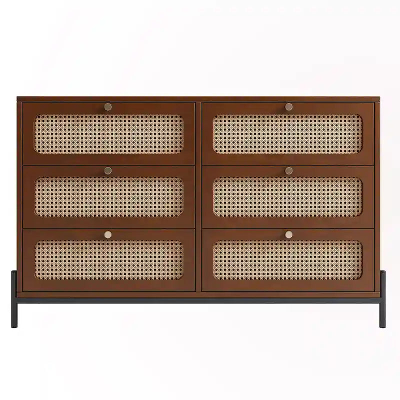 Commode 6 tiroirs en rotin – Noir/Noyer, Style bohème moderne, Assemblage à 2 personnes